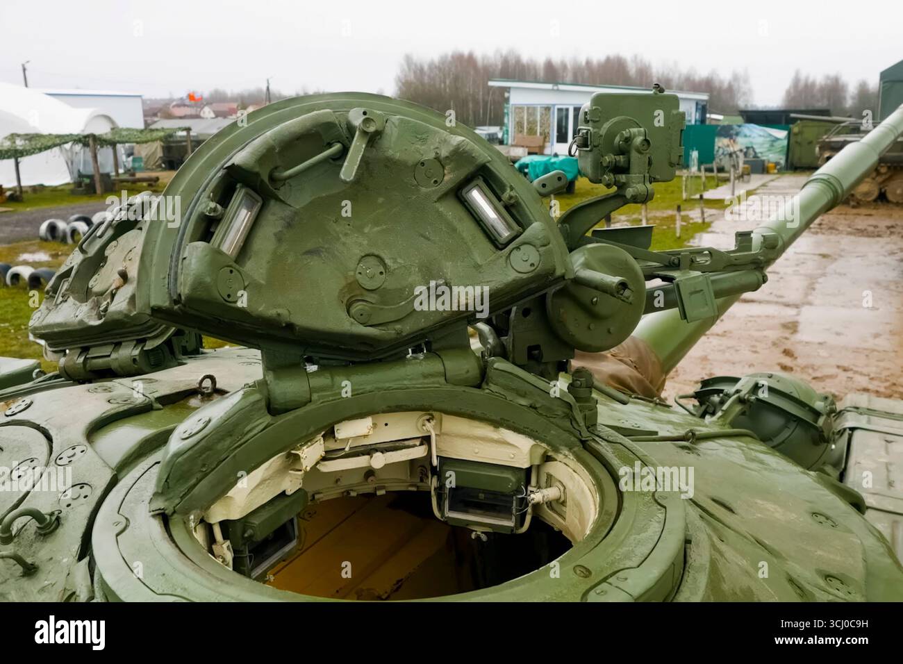 Hatch on turret of T-72 tank. T-72 tank testing at proving ground ...