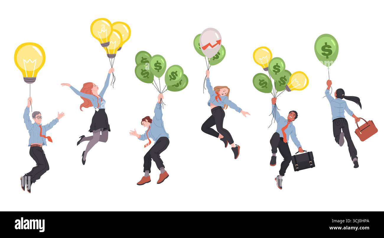 Business people flying on air balloons. Ideas and money symbols, men ...