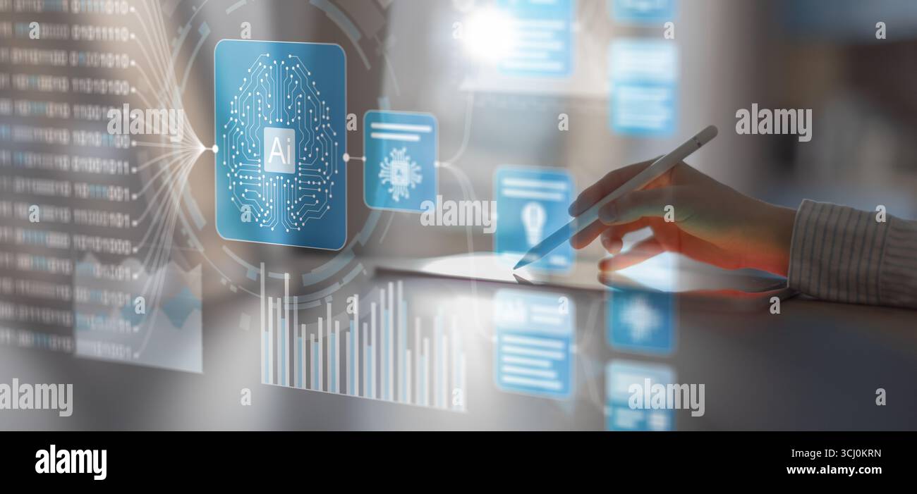 Artificial Intelligence and Data Processing Interaction on a Digital Touchscreen Interface. Stock Photo