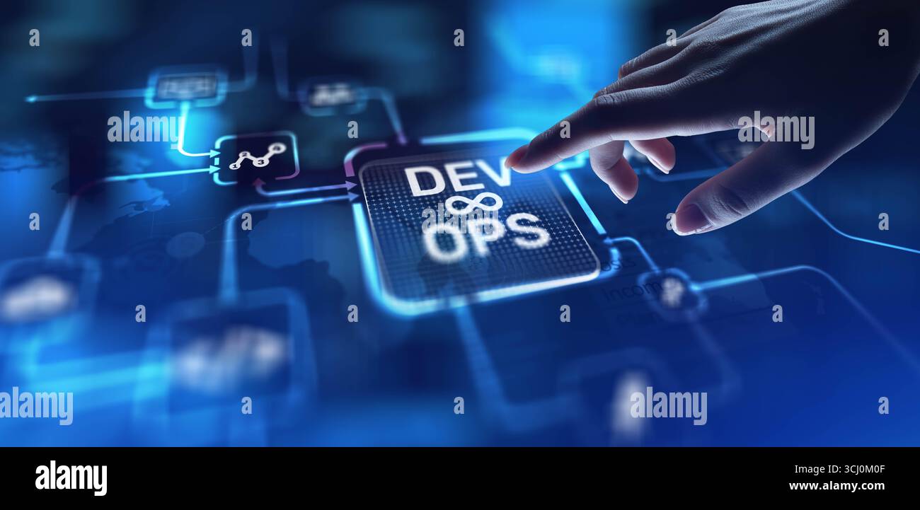 DevOps Development and Operations Integration for Efficient Delivery, projection on a virtual screen, Business and Technology Concept. Stock Photo