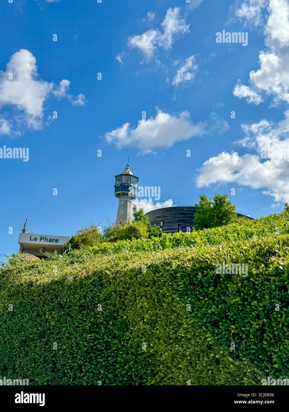 The lighthouse of Verzenay rising above greenery,under a bright blue sky with clouds, Montagne de Reims,France - Smartphone Captured Stock Image