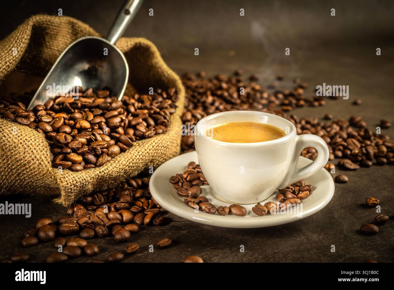 espresso steaming white cup roasted beans Stock Photo