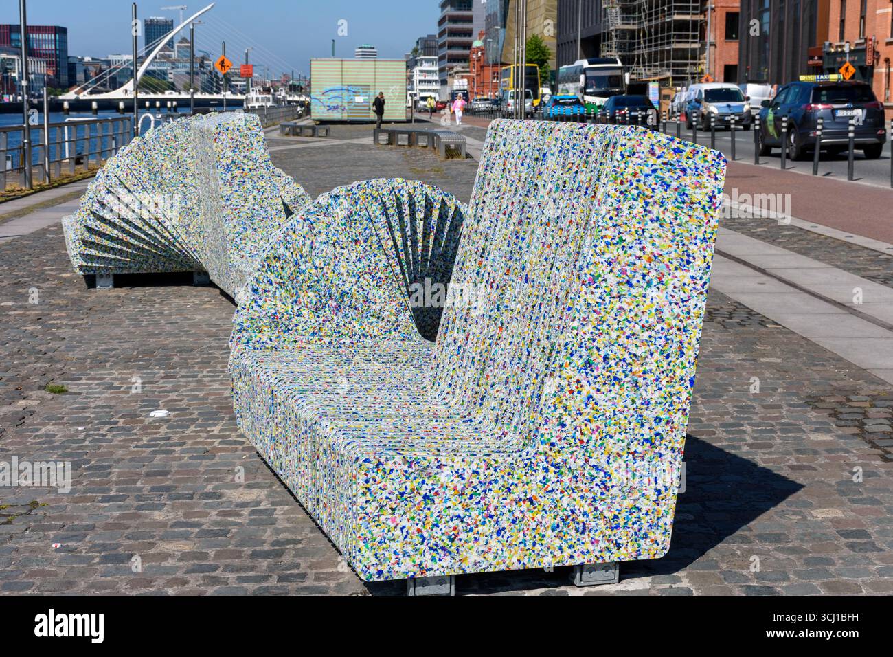 Restless: Liffey Love. Two artworks by Rhona Byrne in the form of love seats. Made from  plastic waste rescued from the River Liffey. Dublin, Ireland. Stock Photo