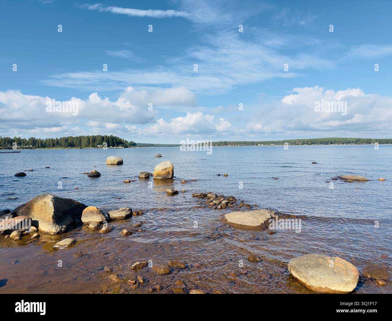 Scenic lakeside view under a bright blue sky with fluffy white clouds. - Smartphone Captured Stock Image
