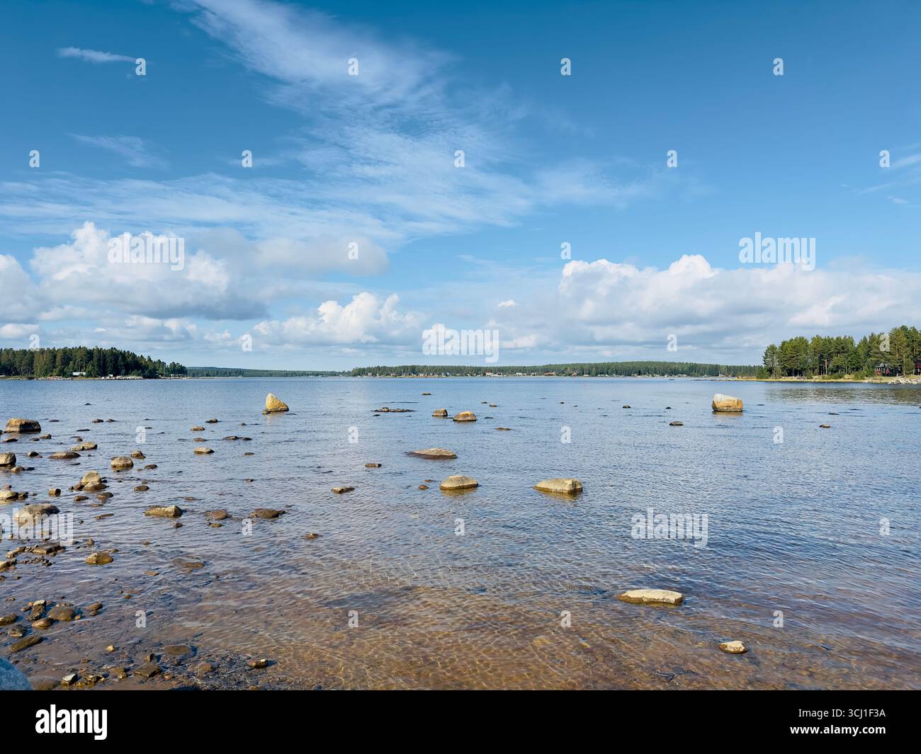 Scenic lakeside view under a bright blue sky with fluffy white clouds. - Smartphone Captured Stock Image