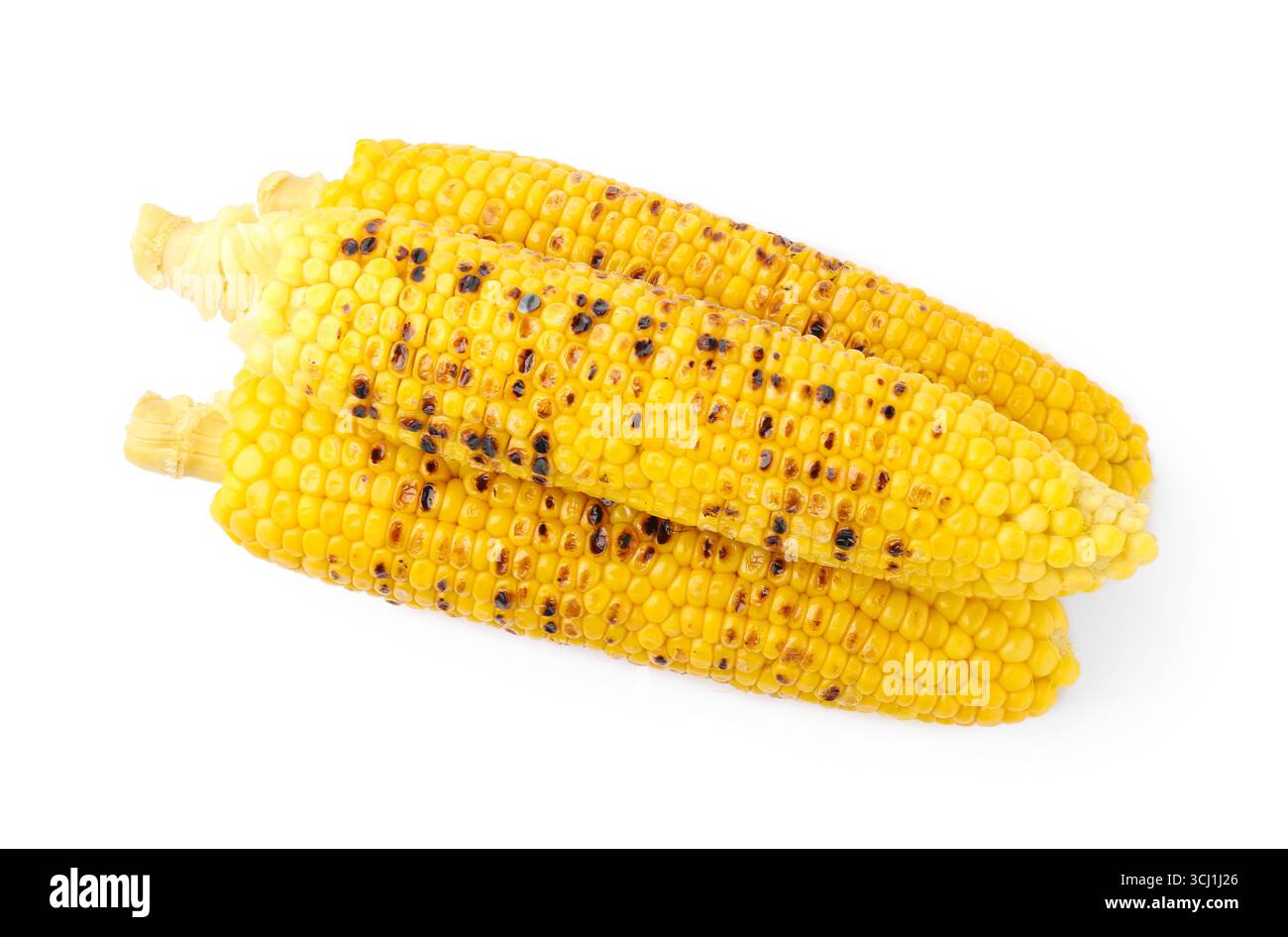 Three tasty grilled corncobs isolated on white, top view Stock Photo