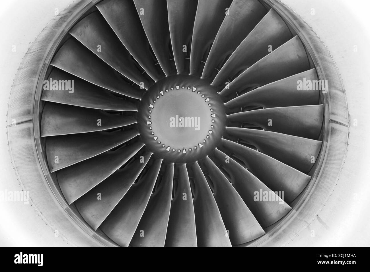 Jet engine turbine blades of a passenger aircraft, close up Stock Photo ...
