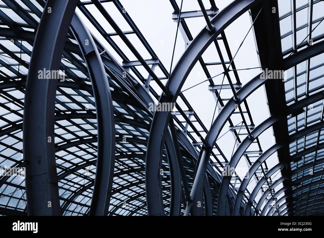 Image showcasing Modern glass architecture roof. Geometric structure with steel beams ...