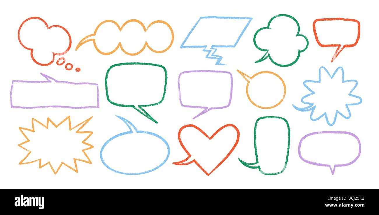 Speech bubble vector set in crayon style with colorful hand drawn frames, doodle shapes, comic balloons, cartoon text boxes. Speech and bubble vector Stock Vector