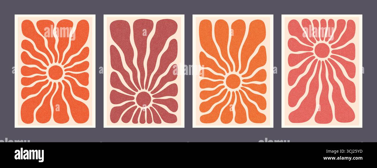 Retro sun or flower art poster set in red and orange tones with bold organic rays on textured background. Sun art in abstract retro style. Great for Stock Vector