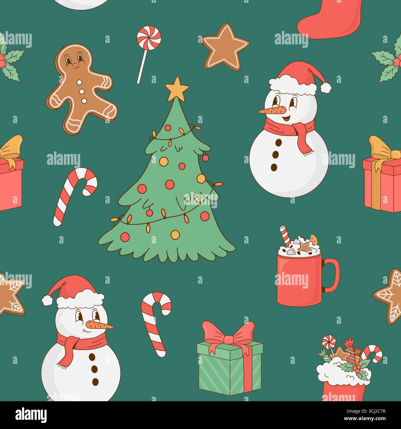 Seamless pattern with retro cartoon Christmas tree, snowman, gingerbread, giftbox, coffee cup, sweets on green background. Vector illustration. Wrappi Stock Vector