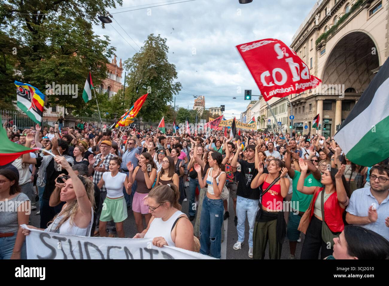 Milan, Italy – September 4, 2025. Around one thousand people gathered at Milano Centrale railway station for a demonstration in support of the Freedom Sumud Flotilla, backing the initiative that aims to break the blockade of the Gaza Strip imposed by the Israeli government. The rally was followed by a spontaneous march that ended in Porta Venezia. Stock Photo