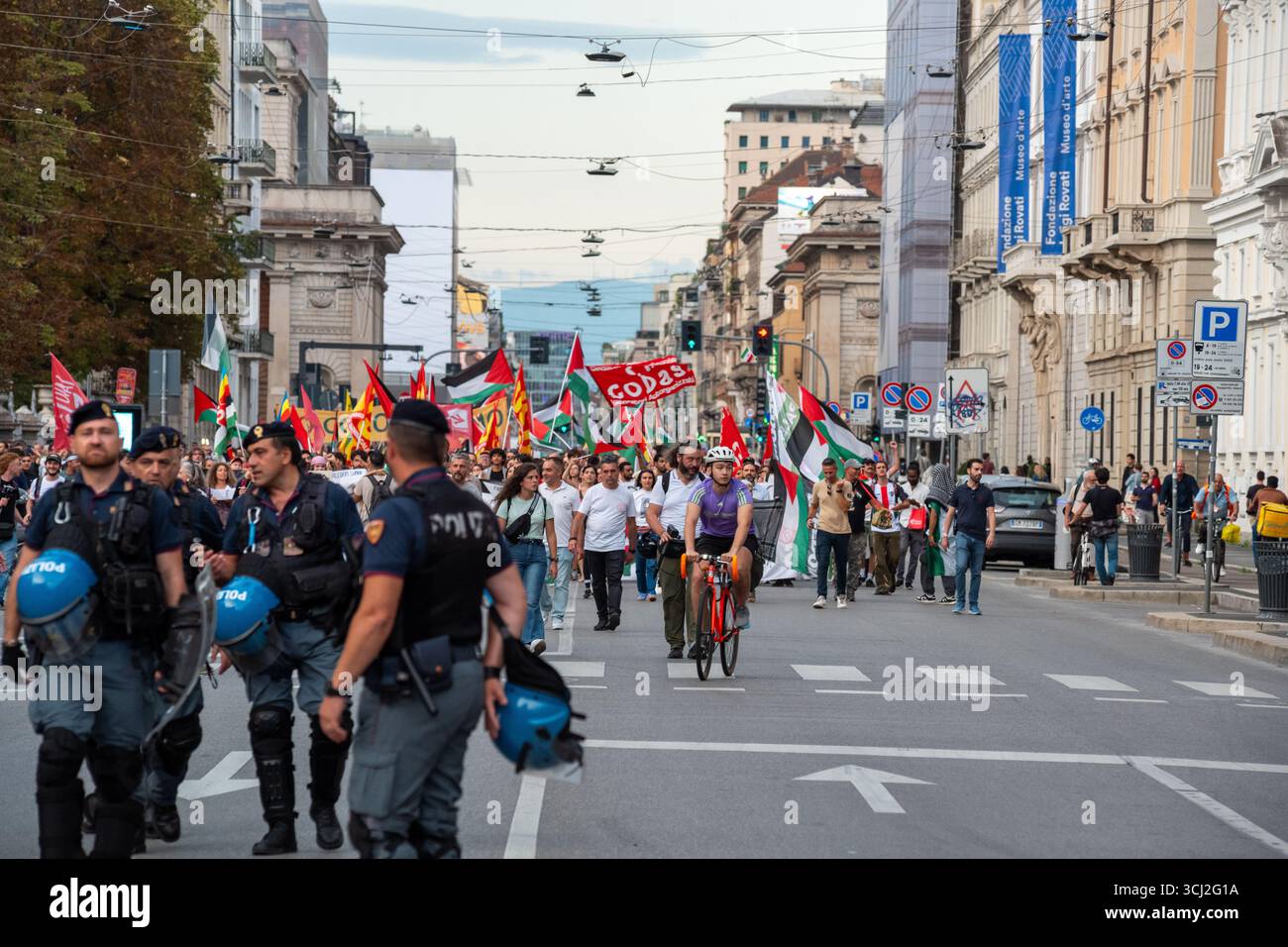 Milan, Italy – September 4, 2025. Around one thousand people gathered at Milano Centrale railway station for a demonstration in support of the Freedom Sumud Flotilla, backing the initiative that aims to break the blockade of the Gaza Strip imposed by the Israeli government. The rally was followed by a spontaneous march that ended in Porta Venezia. Stock Photo