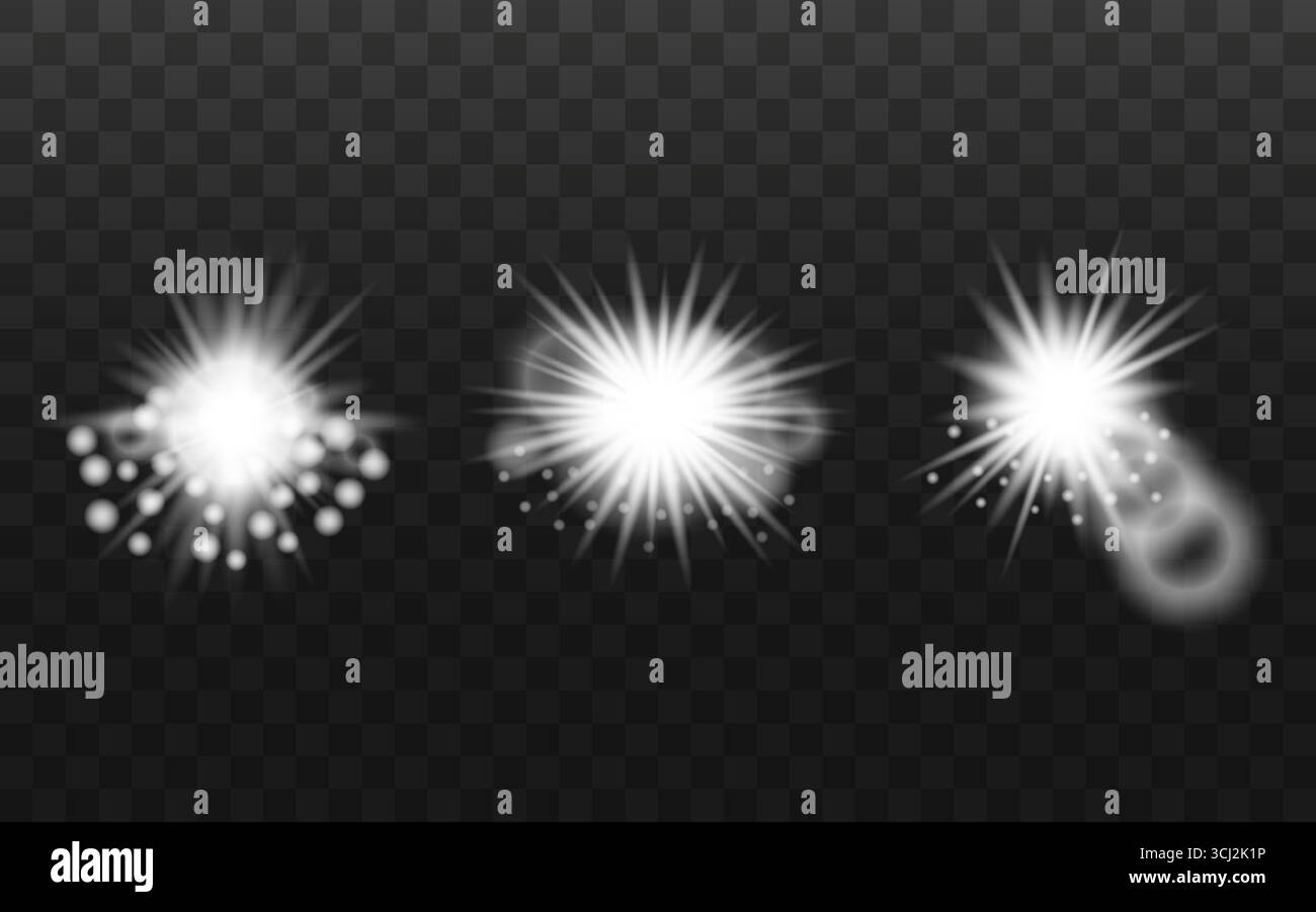 Glowing Starburst Light Effects on Transparent Background with Bokeh Elements. Stock Vector