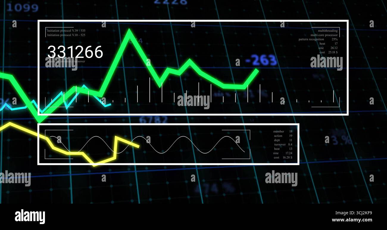 Displaying white-outlined panel showing neon green spikes on grid backdrop, with numeric overlays. Technology, data visualization, analytics, digital Stock Photo