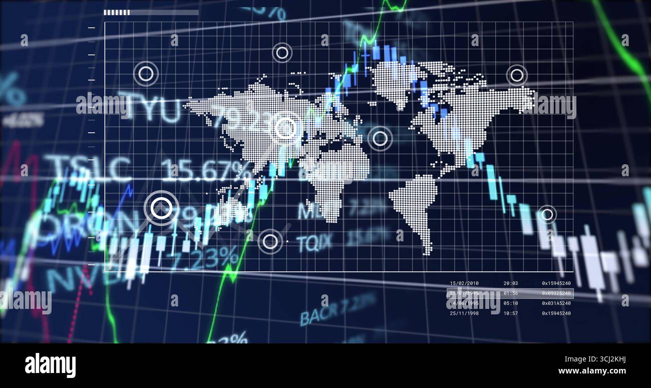 Displaying pixelated map spanning grid over trading dashboard with ...