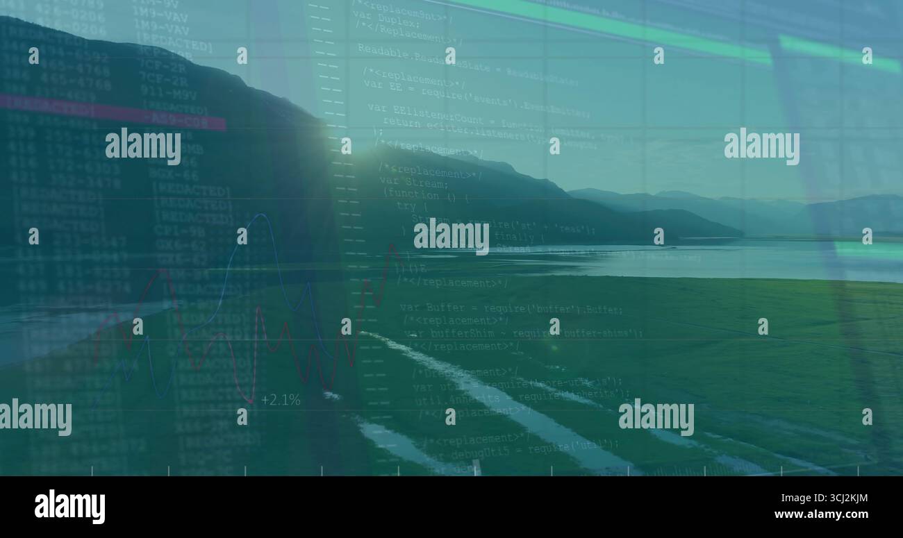 Displaying code interface overlaid on lakeside at dawn with code text and line graph showing +2.1%. Nature, technology, digital, analytics, visualizat Stock Photo