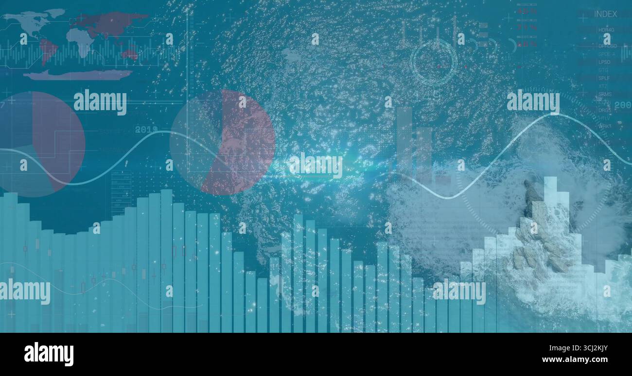 Displaying jetty with breaking waves being overlaid by data visualizations at sea, copy space. Ocean, data analytics, maritime, abstraction, visualiza Stock Photo