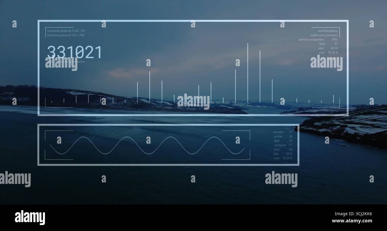 Displaying data panels over rocky coastline at dusk, showing numeric readout, bar graphs waveform. Seascape, data visualization, technology, analytica Stock Photo
