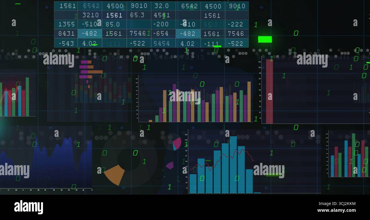 Displaying central vertical bar chart on dark dashboard, with data table and binary overlay. Analytics, visualization, data, digital, technology, dash Stock Photo