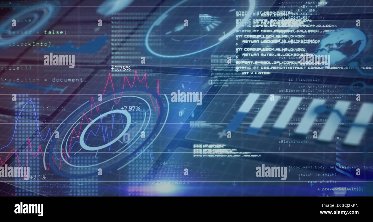 Displaying 3D circular chart on grid with line graphs, percentages, code, bars, globe, copy space. Futuristic, visualization, data, technology, interf Stock Photo