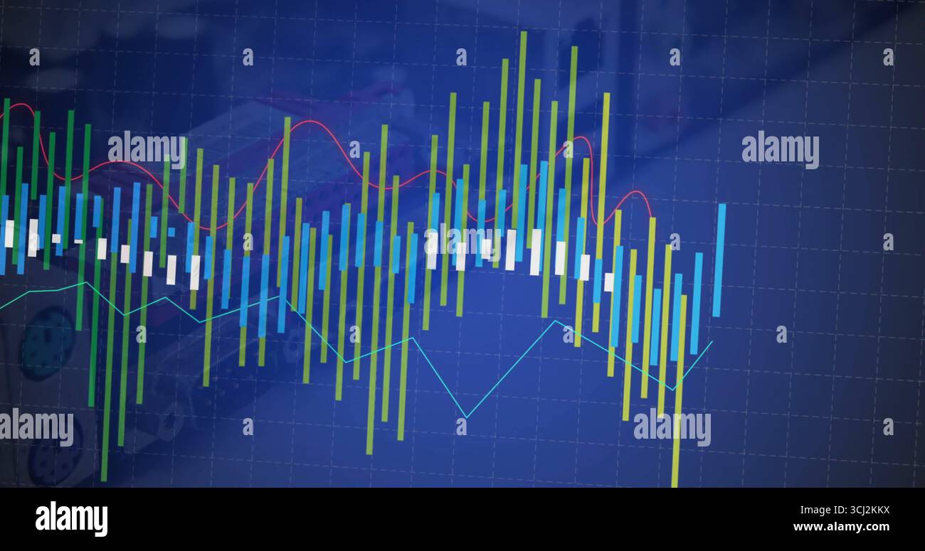 Displaying bar chart with overlaying line graph on gridded dashboard, with engine background. Finance, data analysis, visualization, technology, autom Stock Photo
