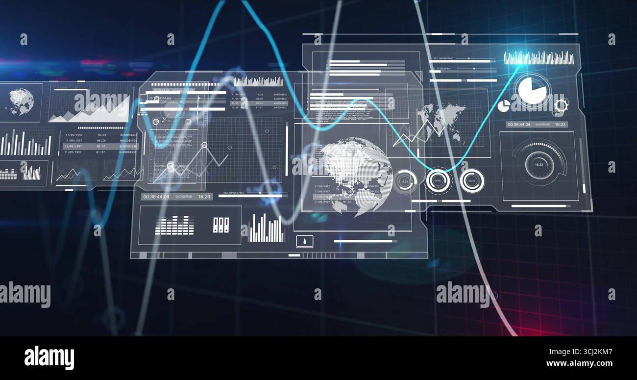 Showing digital dashboard panels displaying charts in control center, with 3D globe and waveform. Interactive, futuristic, data analytics, user interf Stock Photo