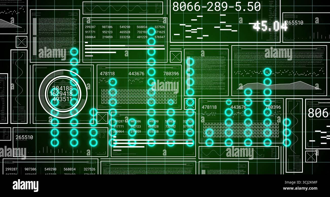 Displaying neon-blue circular nodes forming columns on futuristic interface, with white data panels. Technology, data visualization, digital interface Stock Photo