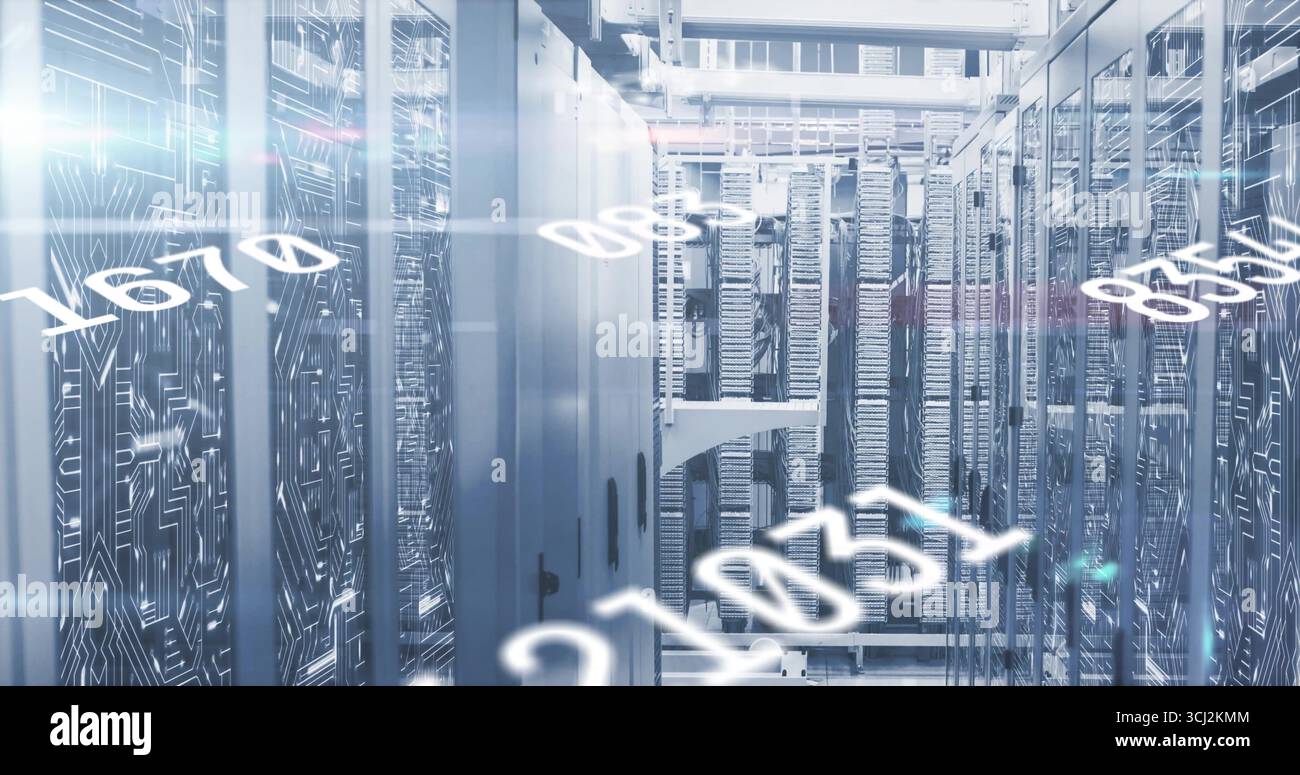 Shimmering server racks displaying LED lights in data center corridor, with floating binary digits. Technology, infrastructure, digital, networking, i Stock Photo