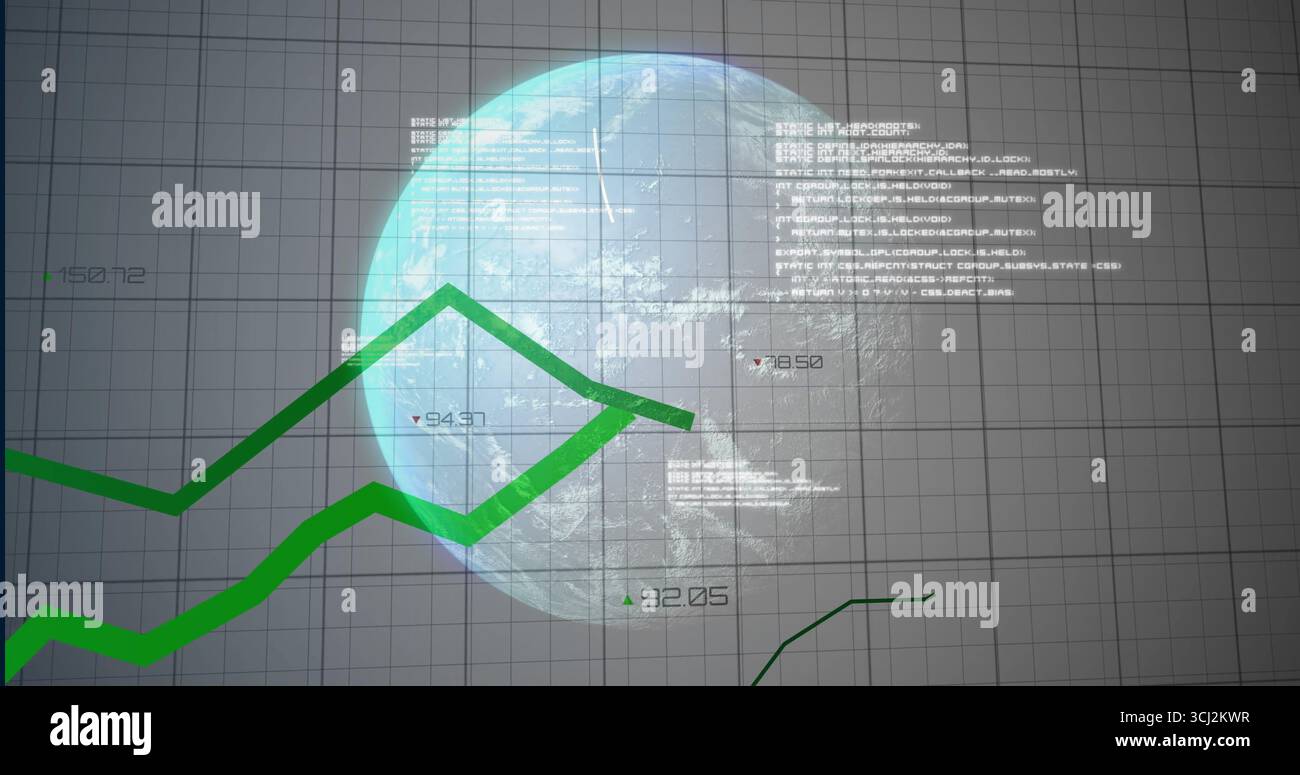 Displaying semi-transparent 3D globe in virtual dashboard, with green chart lines and code snippets. Data visualization, futuristic, digital interface Stock Photo