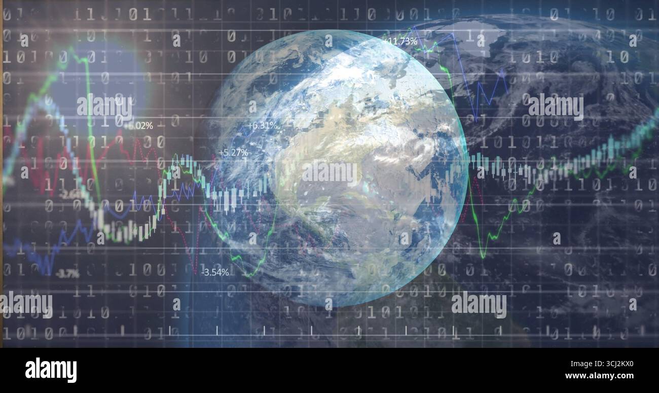 Rotating Earth globe showing binary overlay in data space, with colored line graphs and percentages. Globes, data visualization, digital analytics, fi Stock Photo