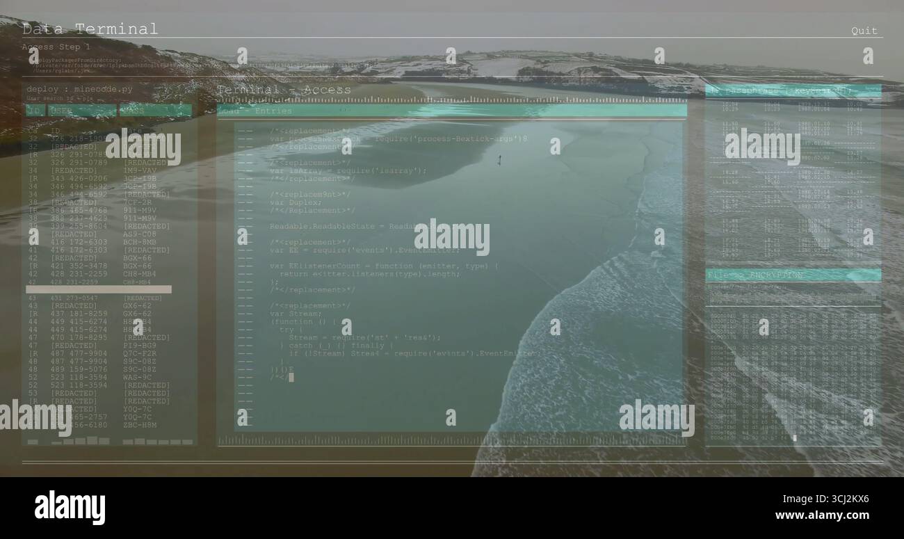 Displaying digital terminal interface hovering over beach dunes, with code window and data logs. Futuristic, technology, coastal, holographic, interfa Stock Photo