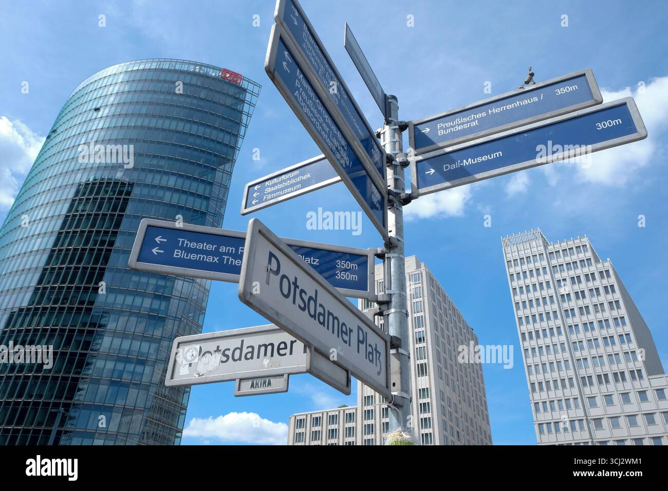 Street signs in Berlin, Germany, point towards Potsdamer platz, along with distances to other destinations Stock Photo