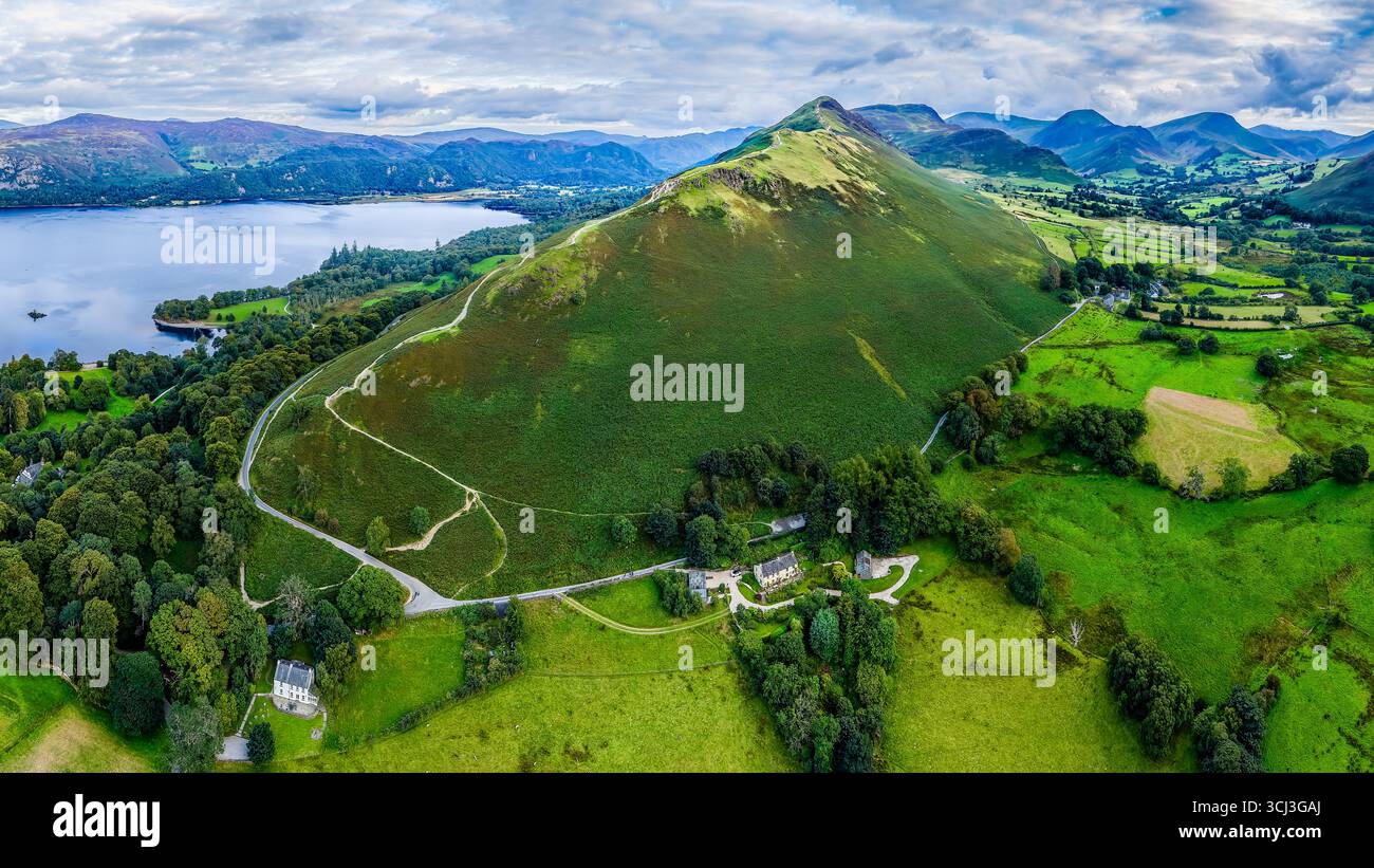 Aerial panoramic view of Cat Bells fell and Derwentwater in the Lake ...