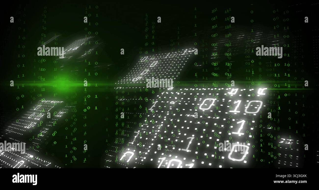 Floating panels displaying binary code in dark void, with green numeric rain and horizontal flare. Futuristic, technology, digital, neon, cyberspace, Stock Photo