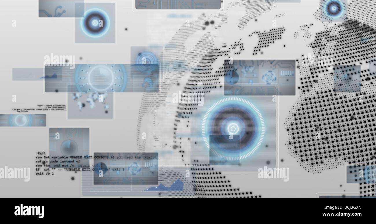 Floating panels in virtual interface, displaying HUD circles, code snippets and dotted world map. Futuristic, digital, technology, interface, network, Stock Photo