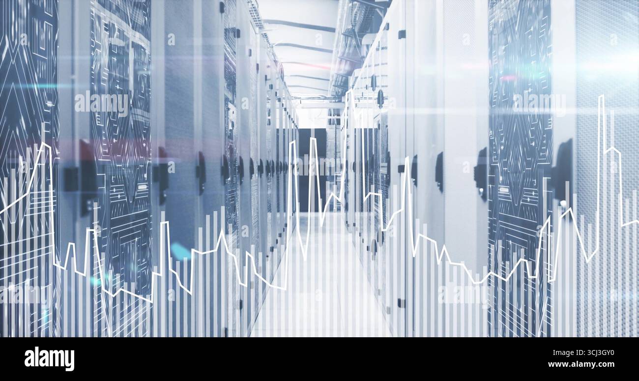 Stretching server racks lining data center corridor with fluorescent lights, glowing LEDs. Technology, infrastructure, cybersecurity, data management, Stock Photo