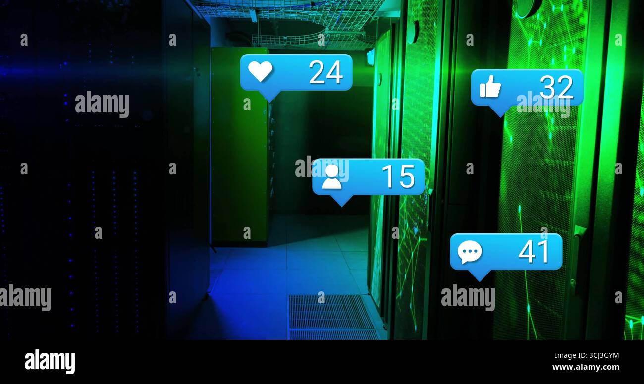 Highlighting server racks displaying network cables in data center corridor, with holographic icons. Technology, networking, data infrastructure, digi Stock Photo