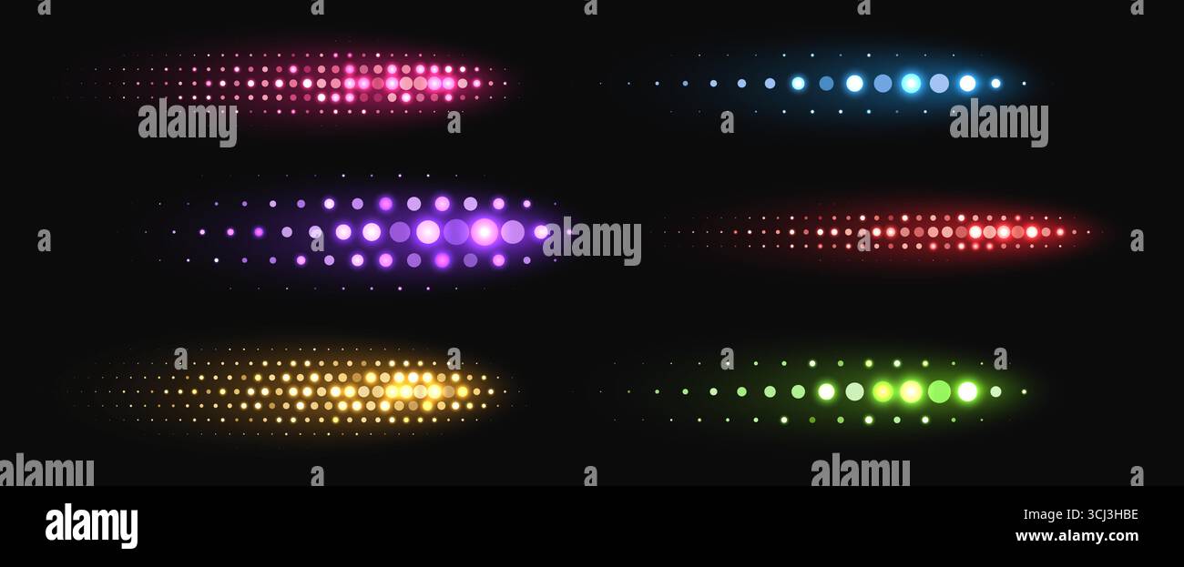 Colorful halftone shapes, glowing dynamic elements made from sparkling dots. Stock Vector