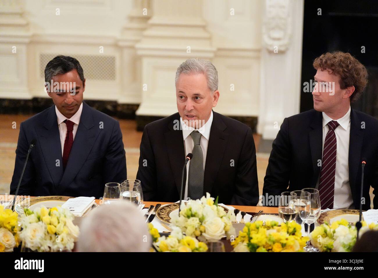 Chamath Palihapitiya, left, White House AI and crypto czar David Sacks and  Facebook CEO Mark Zuckerberg listen during a dinner with President Donald  Trump in the State Dining Room of the White