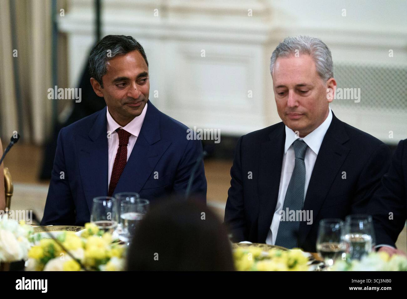 Social Capital founder Chamath Palihapitiya (L) and White House crypto czar  David Sacks (R) during a dinner hosted by US President Donald Trump with US  tech leaders at the White House, Washington,