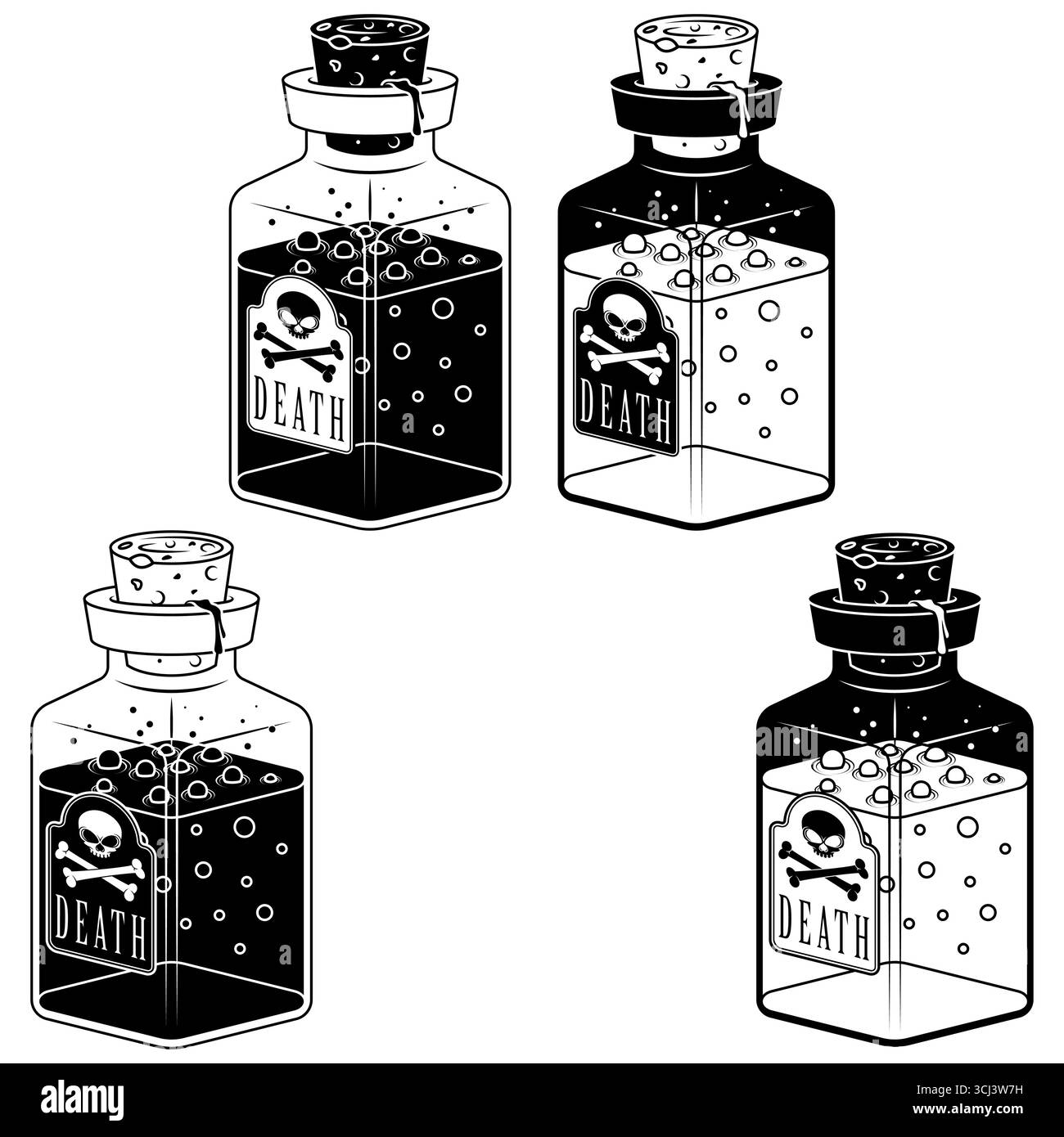 Glass bottle of poisonous liquid substance, magic potion containers ...