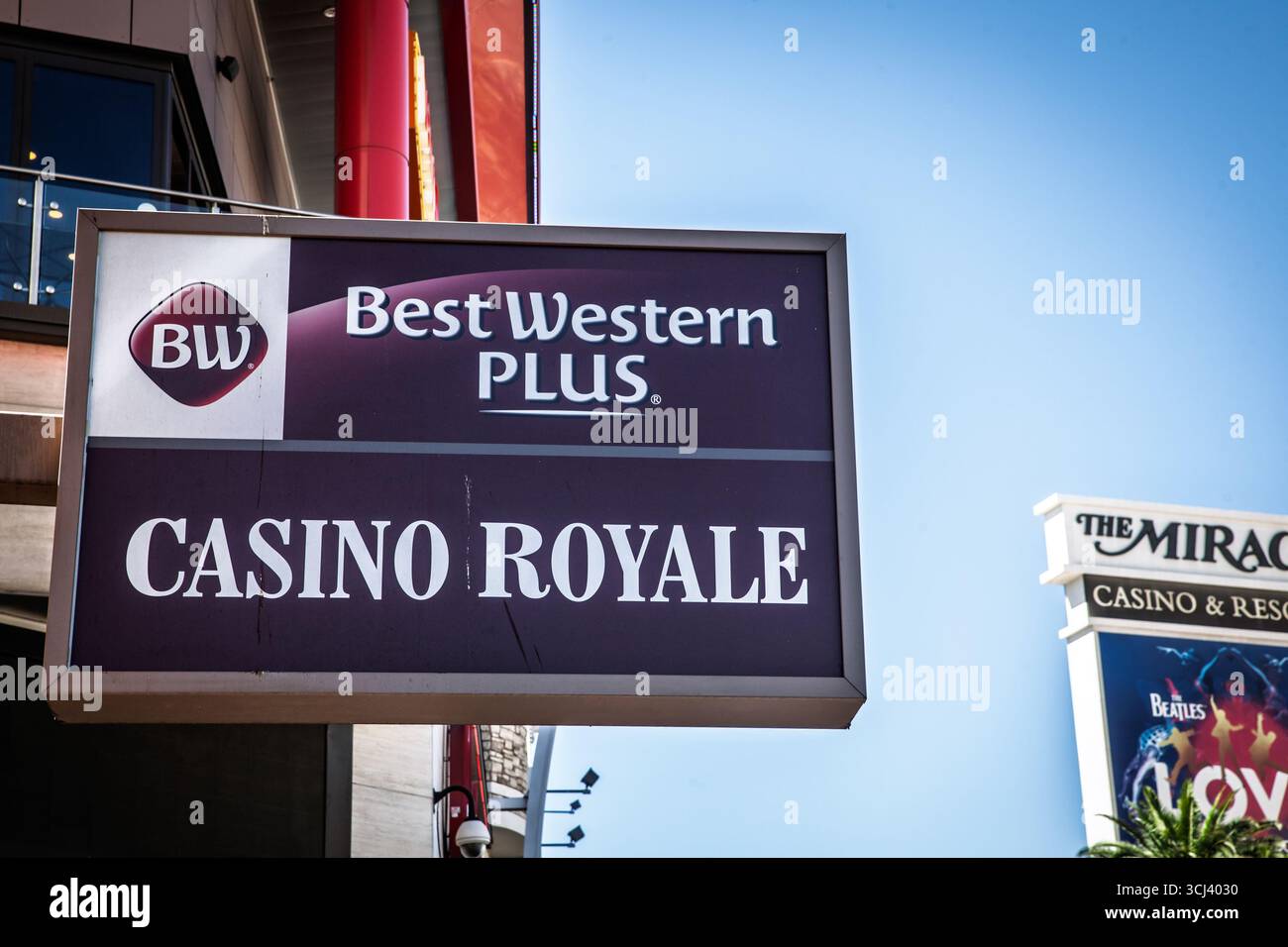 LAS VEGAS, AUGUST 21, 2024: Close-up of Best Western Plus Casino Royale hanging sign along Las Vegas Boulevard, purple panel with BW emblem. Best West Stock Photo