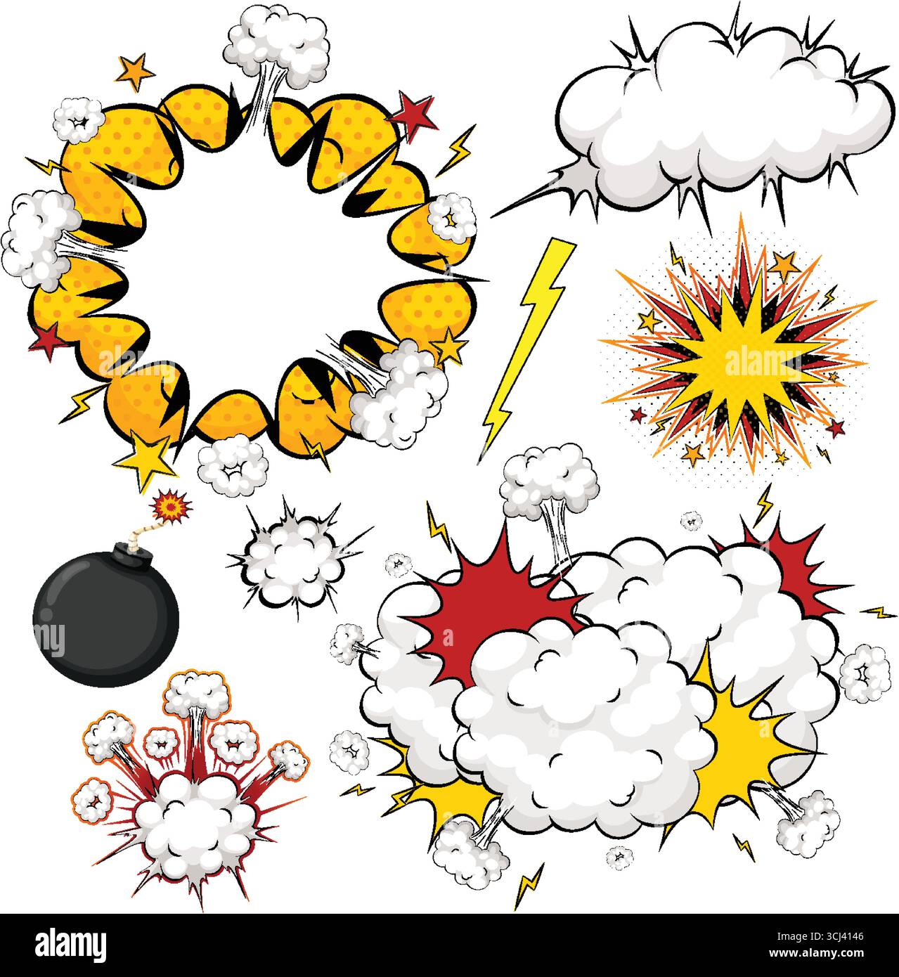 Bold pop art vector of comic book explosions, smoke clouds, bombs, and dynamic lightning outlines. Stock Vector