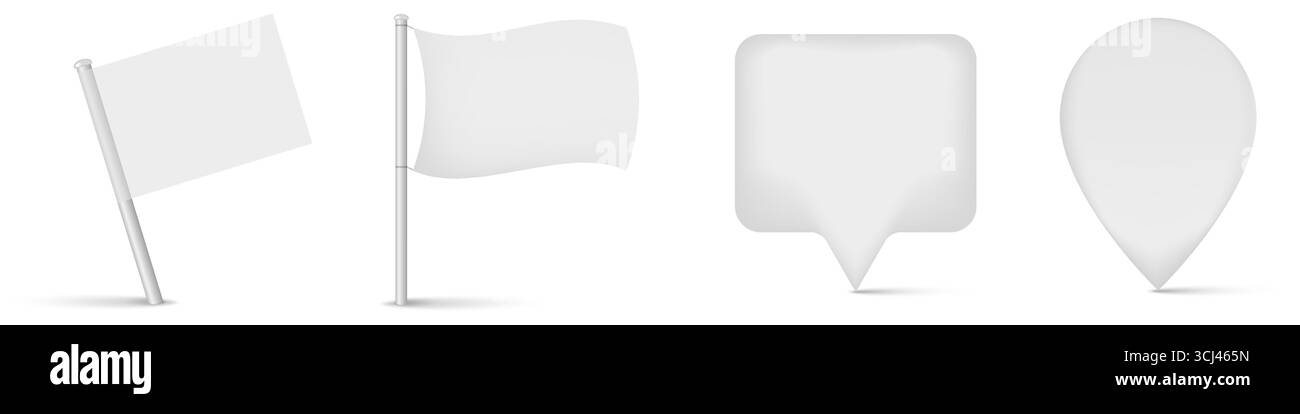 White blank flags and map pin pointers template. 3D realistic vector ...