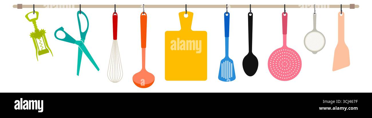 Kitchen rail with tools. Flat vector illustration isolated on white Stock Vector