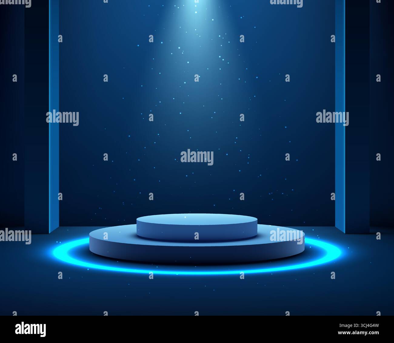 futuristic dark blue room with glowing circular 3d platform under spotlight featuring floating particles, a modern stage for technology award product Stock Vector