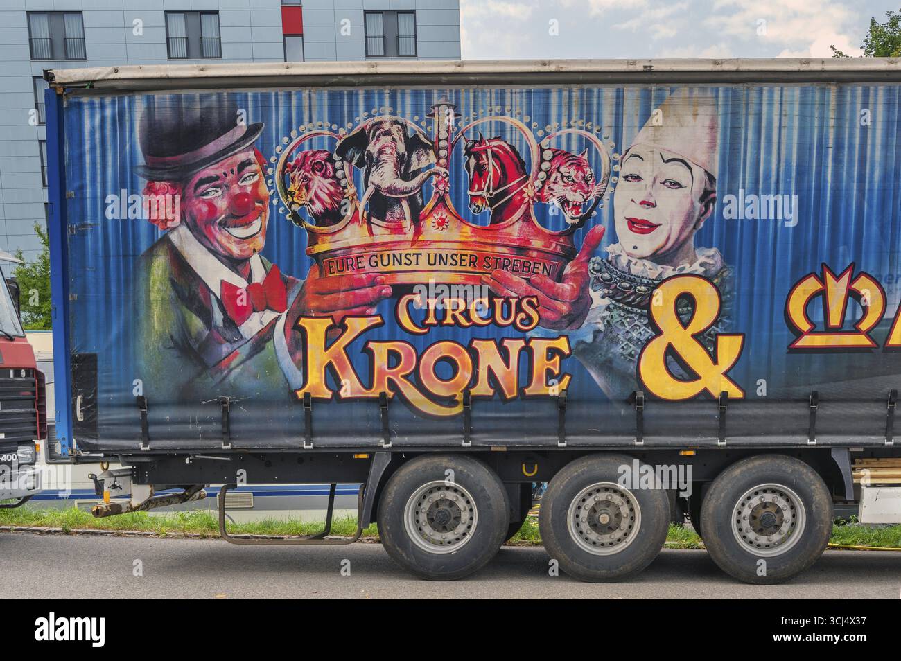 Lettering and logo on lorry trailer, Circus-Krone, Kempten, Allgaeu, Bavaria, Germany Stock Photo