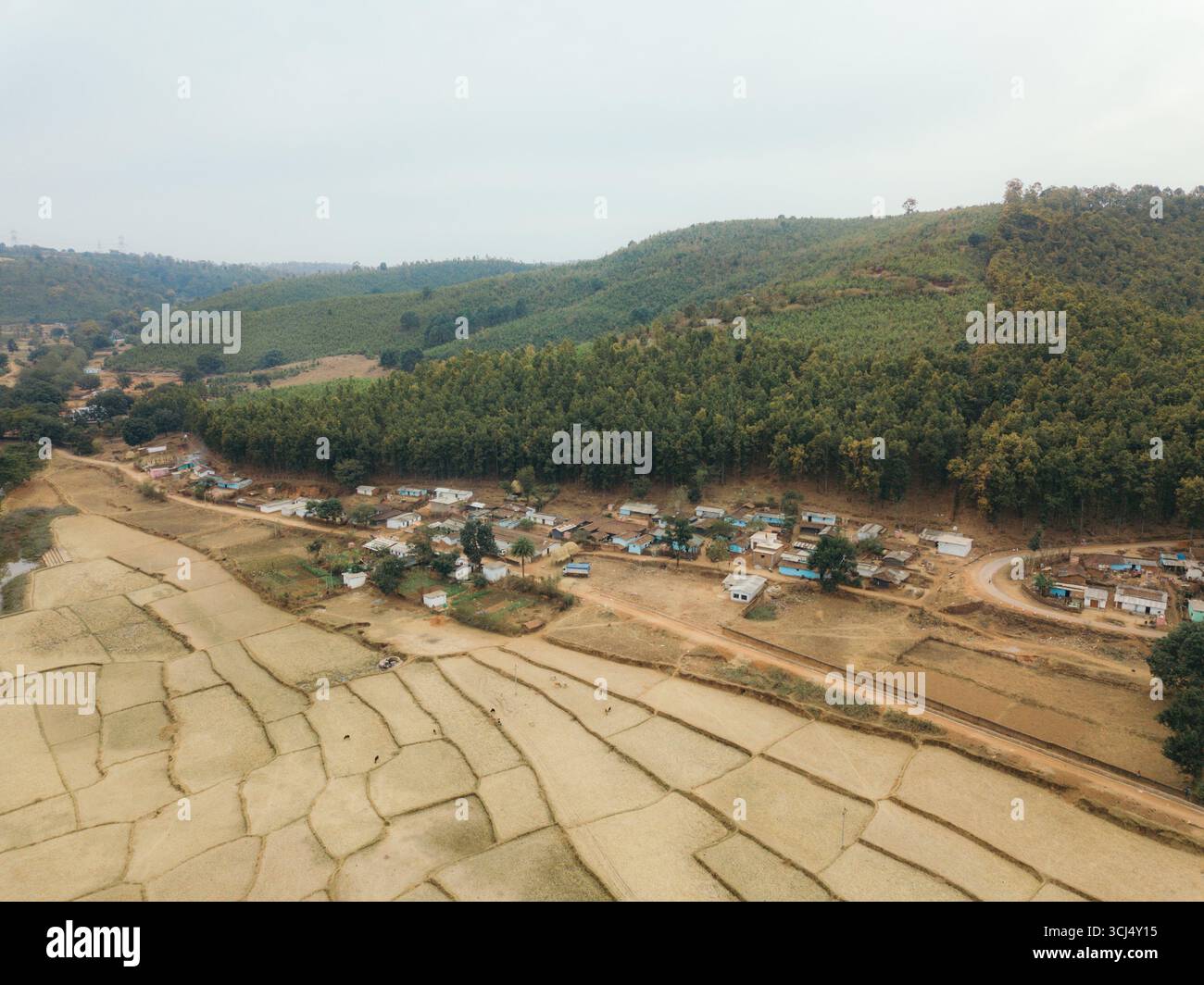 Aerial view of a small village nestled between agricultural fields and ...