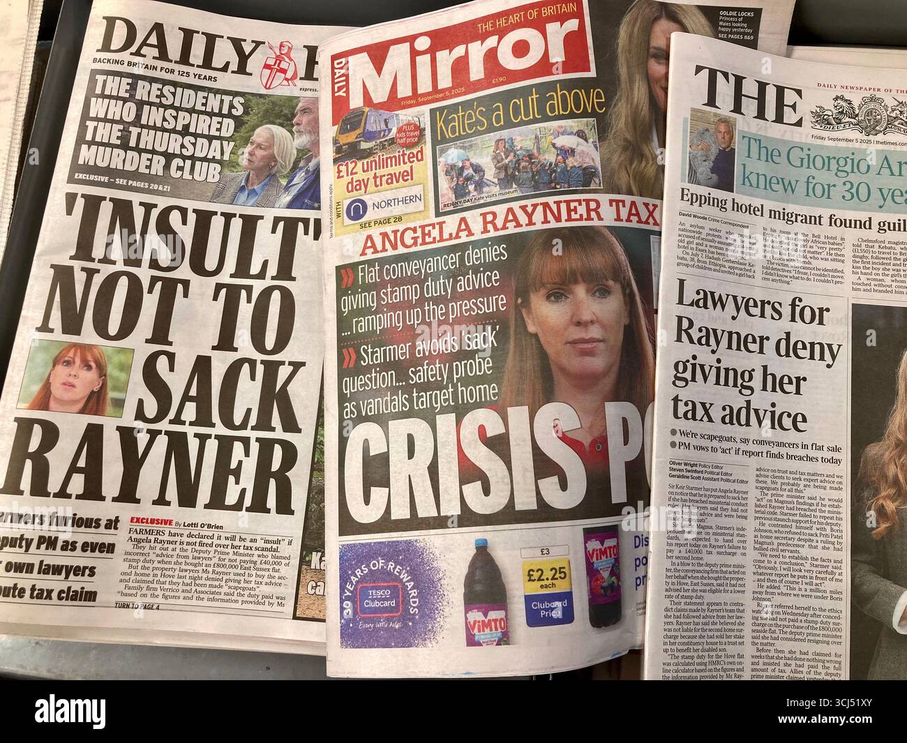 the Angela Rayner flat row dominated the UK’s front pages, some newspapers report Rayner's lawyer deny giving her tax advice Stock Photo